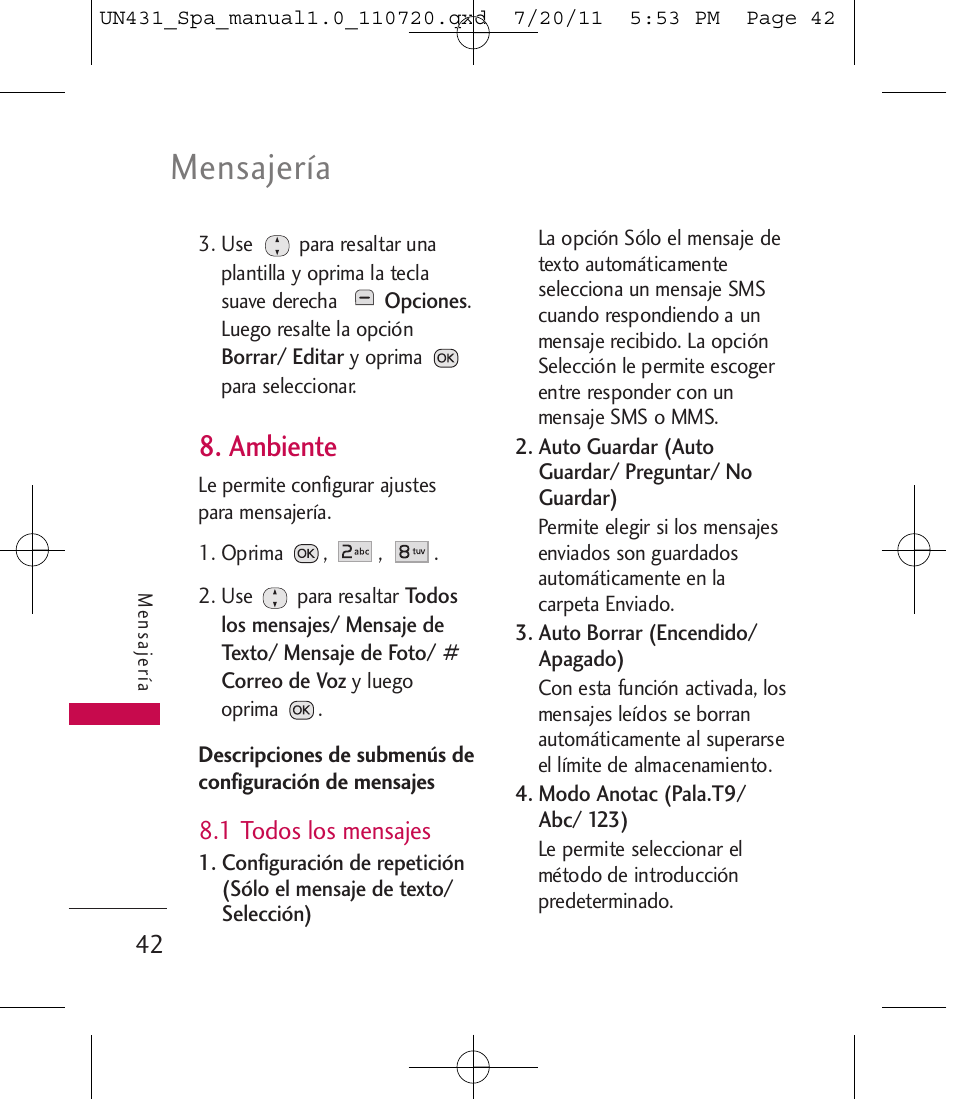 Mensajería, Ambiente | LG LGUN430 User Manual | Page 161 / 245
