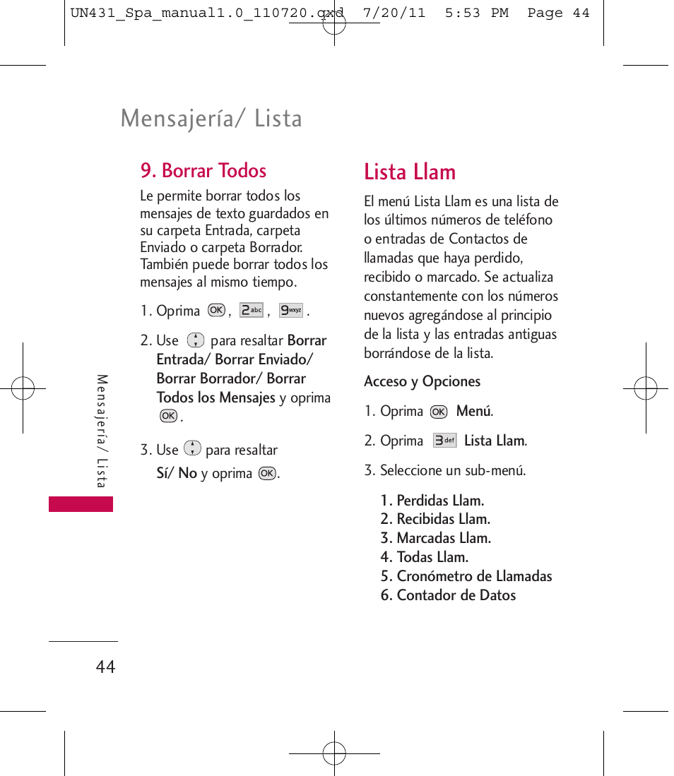 Mensajería/ lista, Lista llam, Borrar todos | LG LGUN430 User Manual | Page 163 / 245