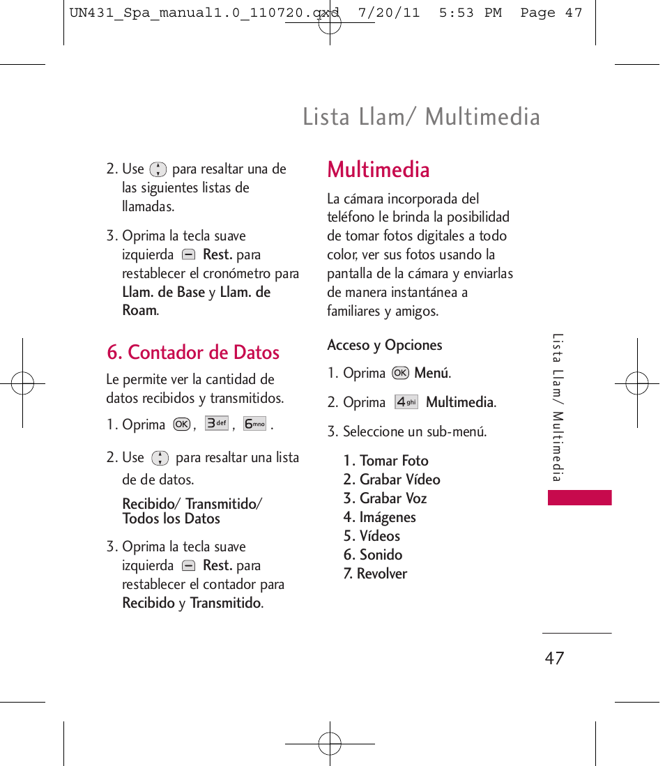 Lista llam/ multimedia, Multimedia, Contador de datos | LG LGUN430 User Manual | Page 166 / 245