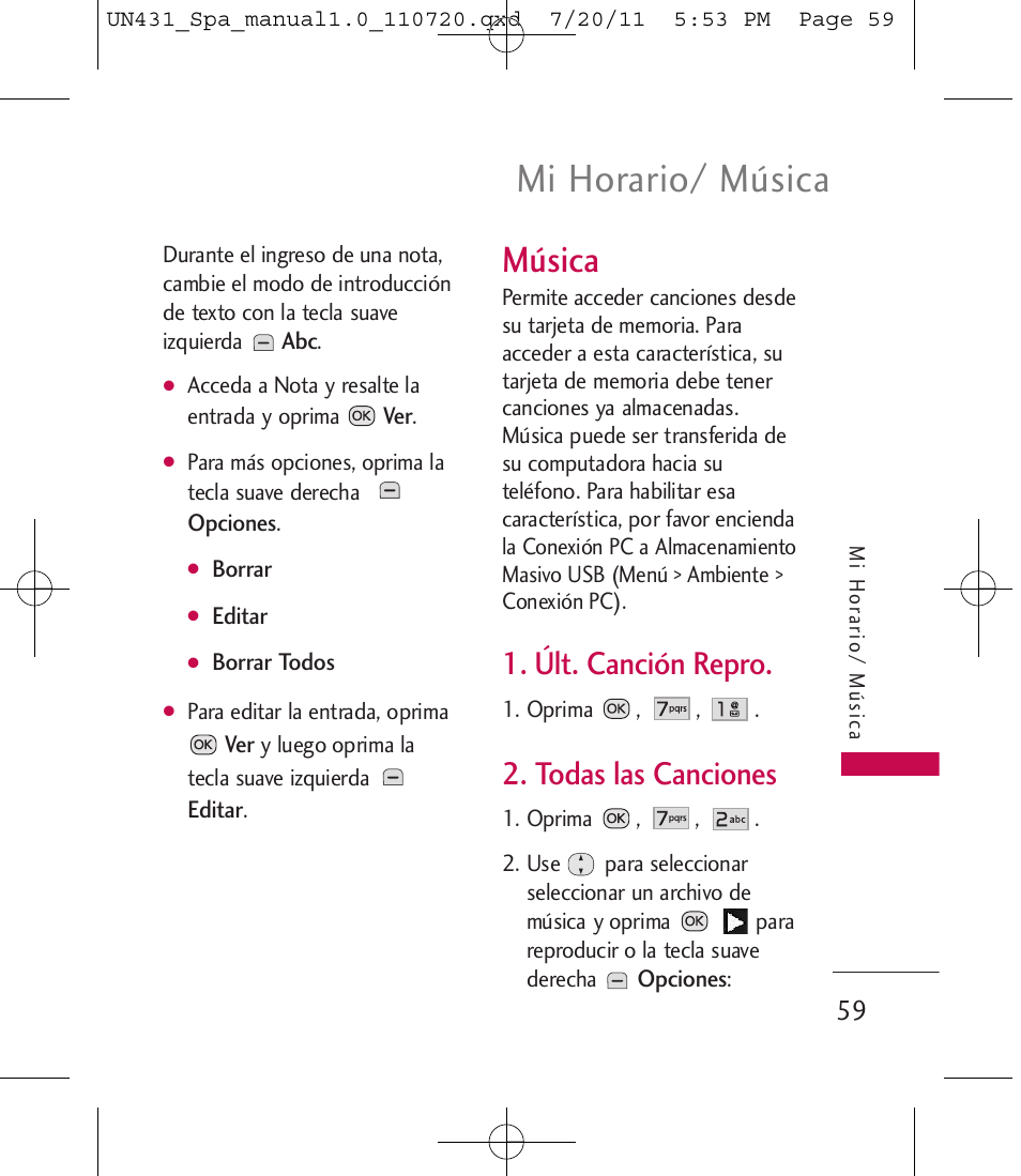 Mi horario/ música, Música, Últ. canción repro | Todas las canciones | LG LGUN430 User Manual | Page 178 / 245