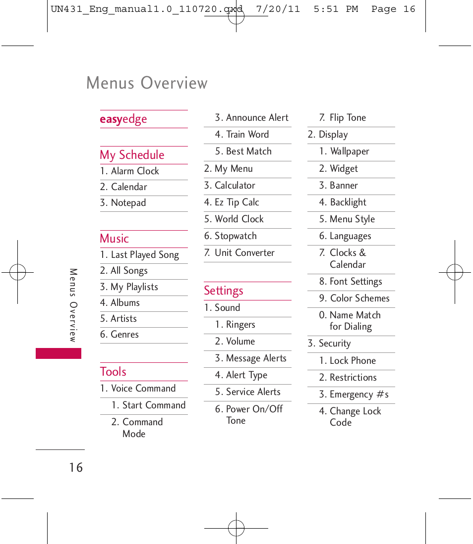 Menus overview, Easy edge my schedule, Music | Tools, Settings | LG LGUN430 User Manual | Page 18 / 245