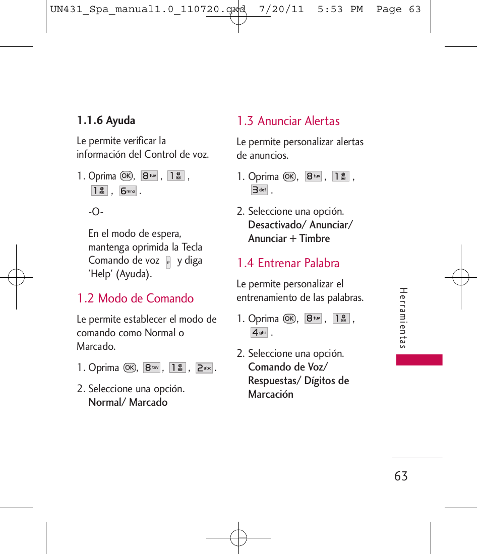 2 modo de comando, 3 anunciar alertas, 4 entrenar palabra | LG LGUN430 User Manual | Page 182 / 245