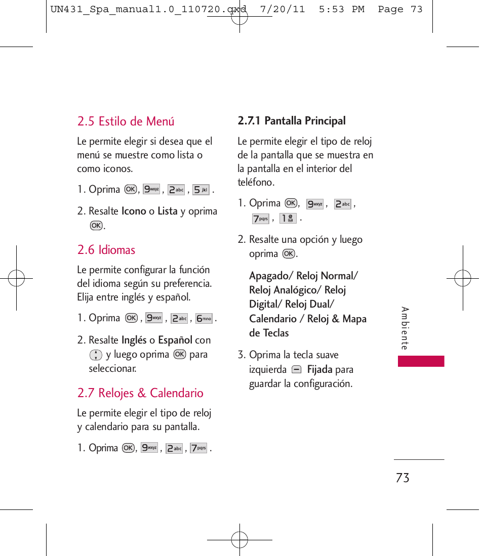 5 estilo de menú, 6 idiomas, 7 relojes & calendario | LG LGUN430 User Manual | Page 192 / 245