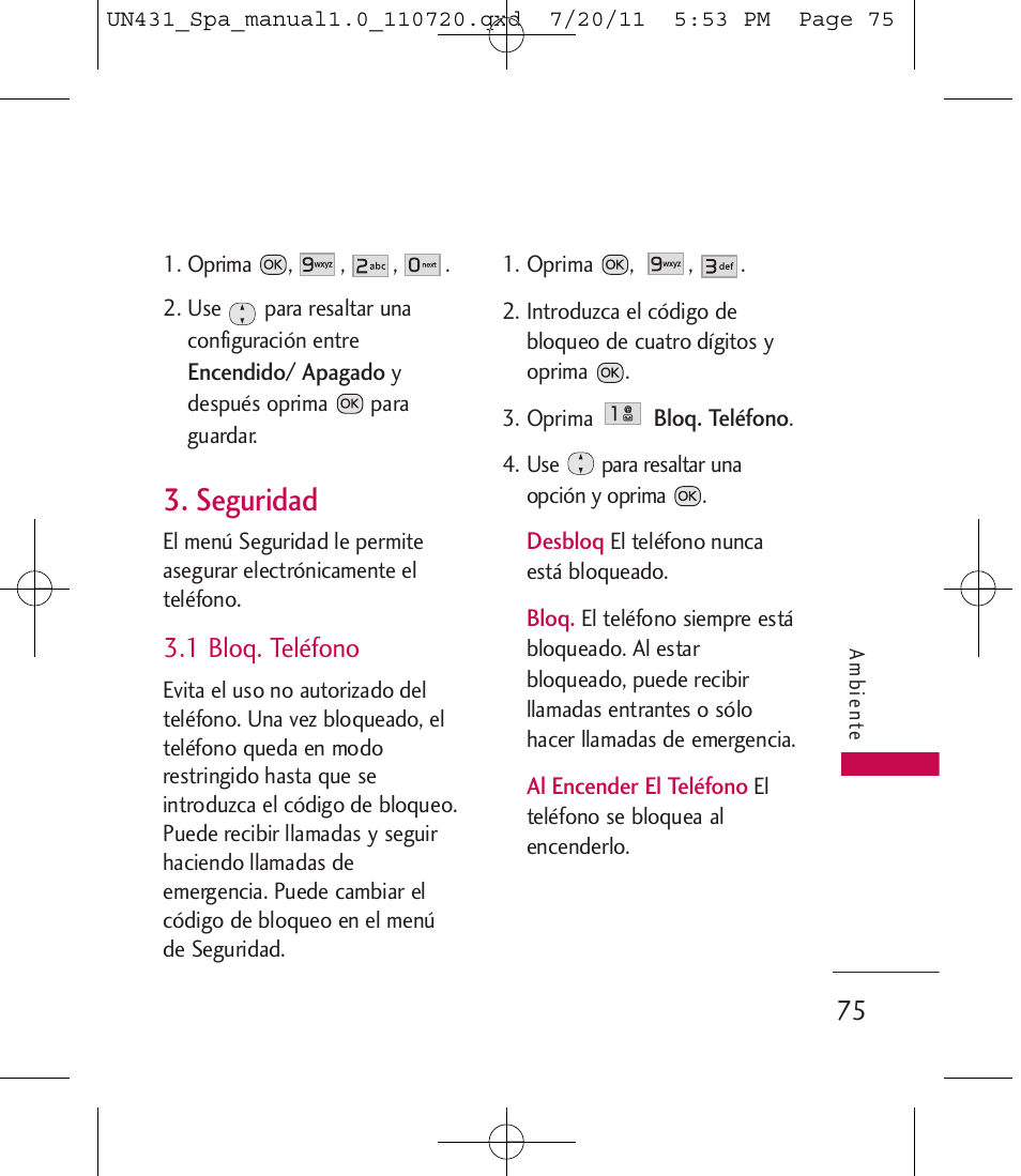 Seguridad, 1 bloq. teléfono | LG LGUN430 User Manual | Page 194 / 245