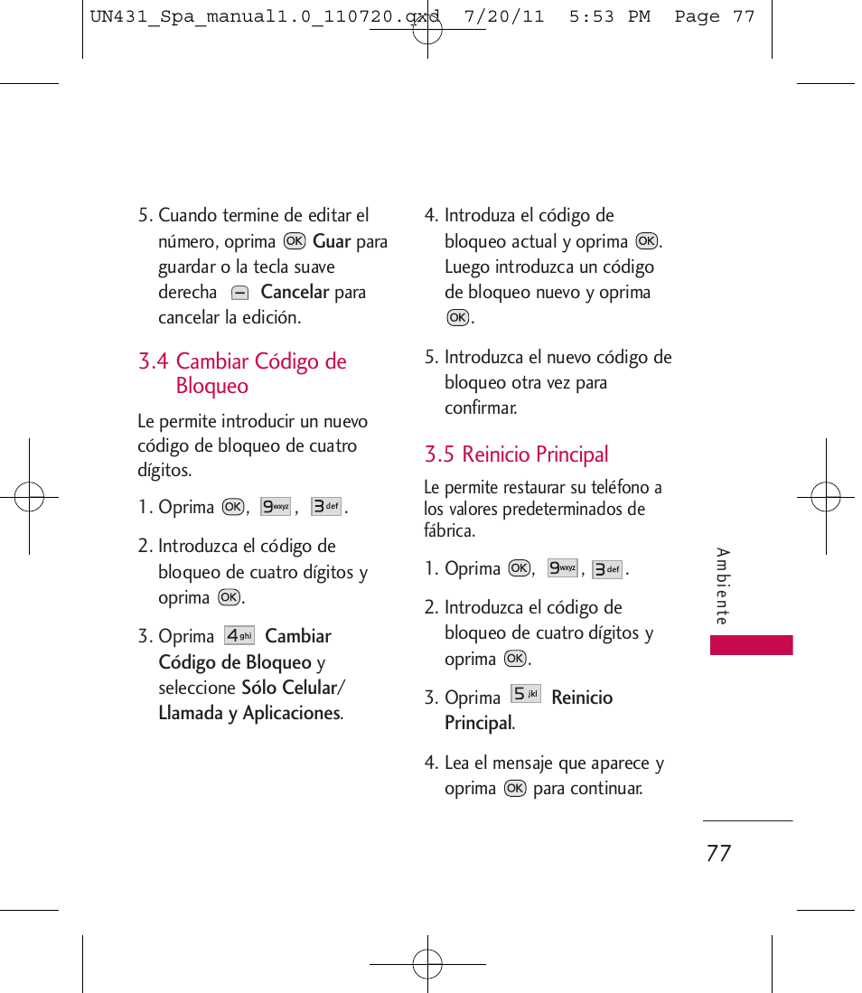 4 cambiar código de bloqueo, 5 reinicio principal | LG LGUN430 User Manual | Page 196 / 245