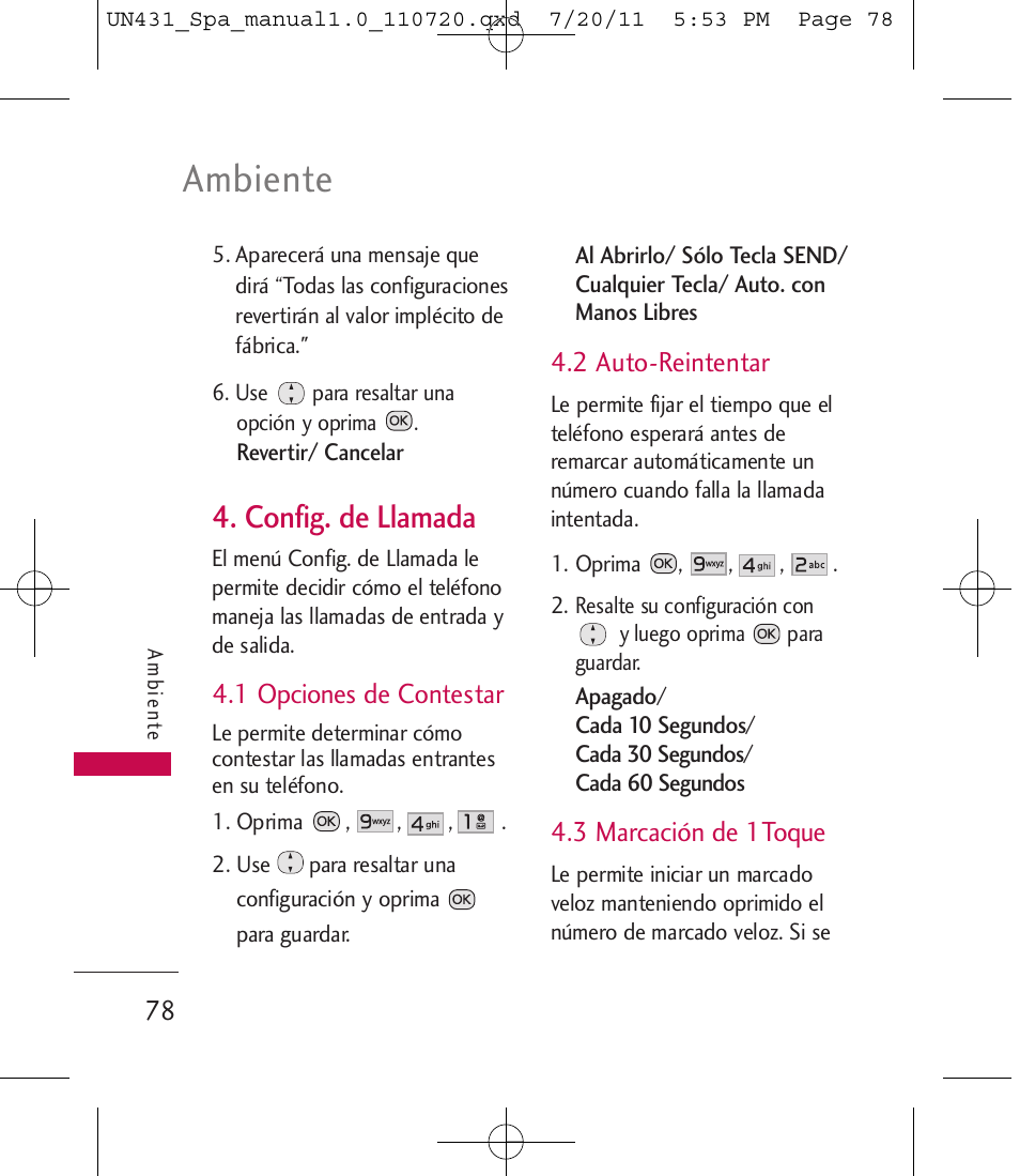 Ambiente, Config. de llamada | LG LGUN430 User Manual | Page 197 / 245