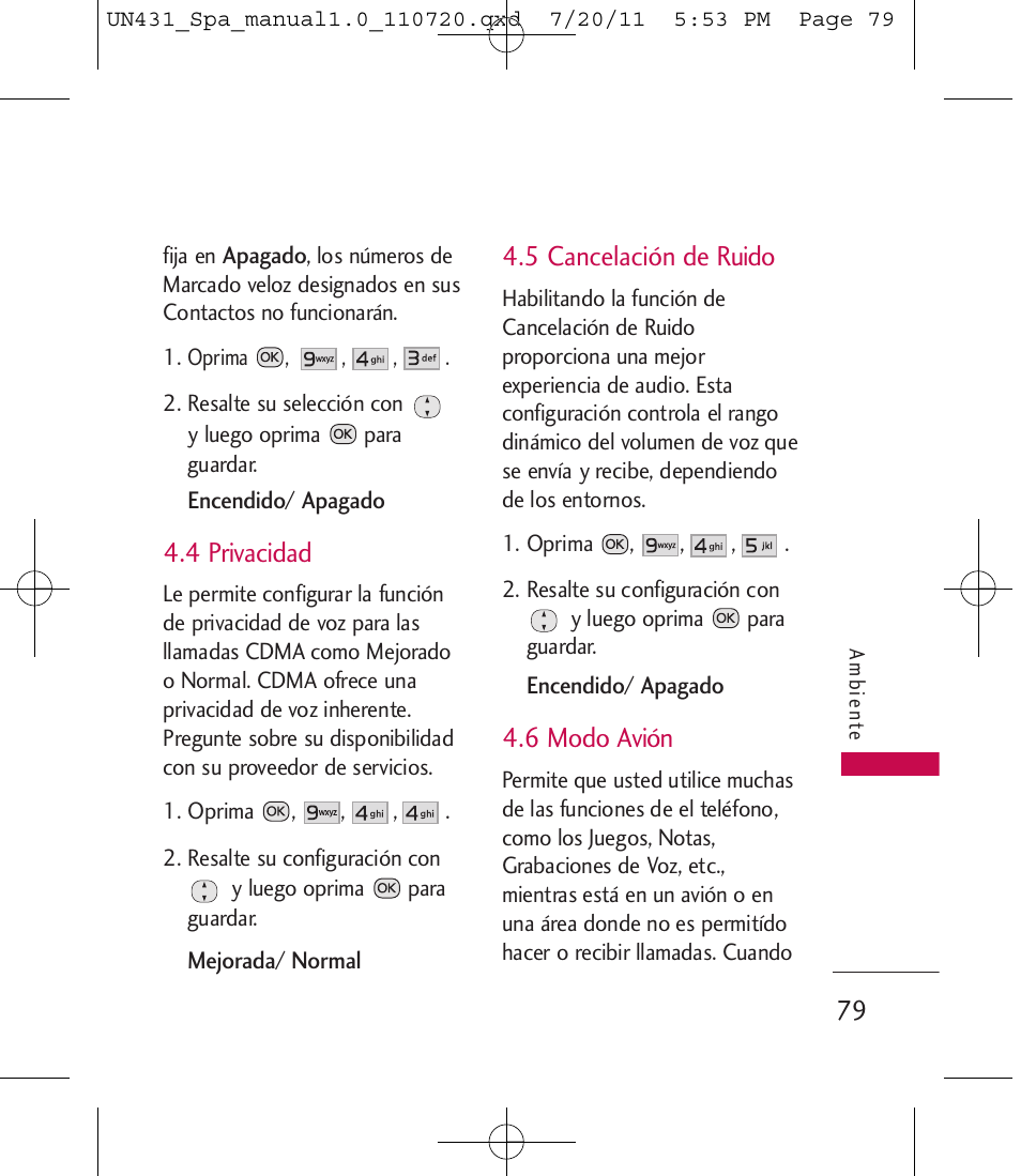 4 privacidad, 5 cancelación de ruido, 6 modo avión | LG LGUN430 User Manual | Page 198 / 245