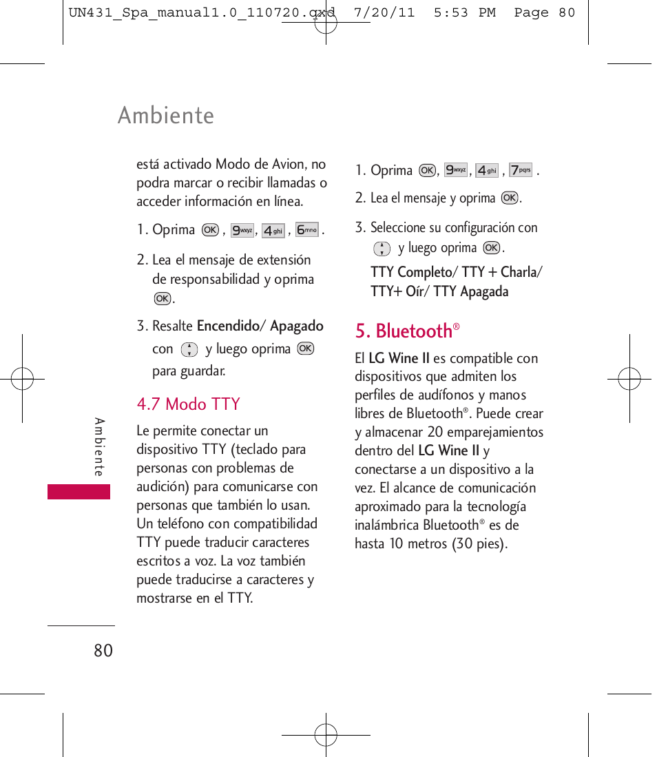 Ambiente, Bluetooth, 7 modo tty | LG LGUN430 User Manual | Page 199 / 245