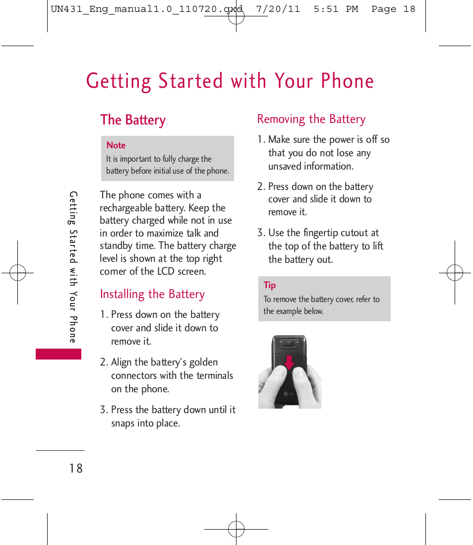 Getting started with your phone, The battery | LG LGUN430 User Manual | Page 20 / 245