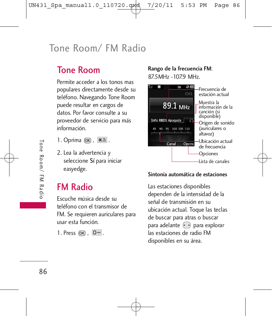 Tone room/ fm radio, Tone room, Fm radio | LG LGUN430 User Manual | Page 205 / 245