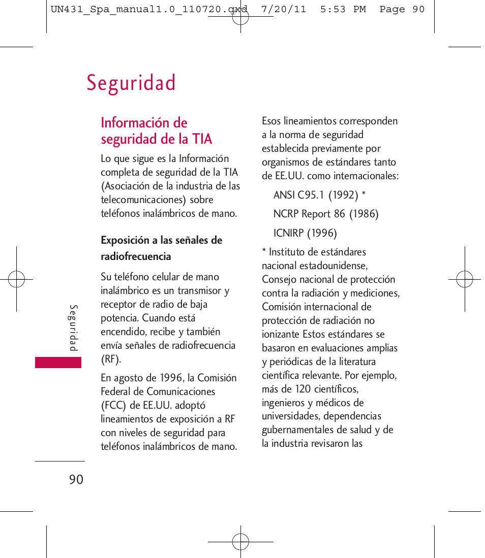 Seguridad, Información de seguridad de la tia | LG LGUN430 User Manual | Page 209 / 245