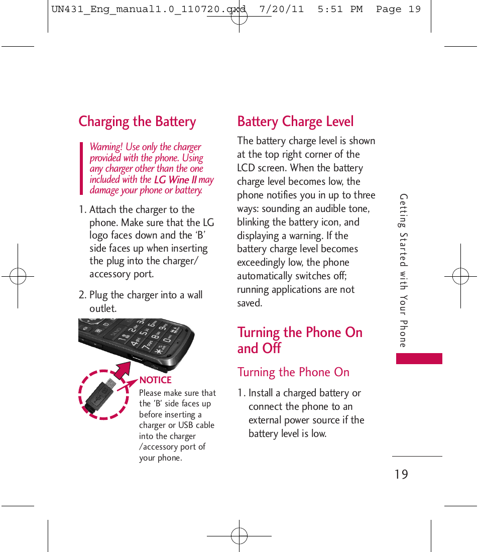 Charging the battery, Battery charge level, Turning the phone on and off | LG LGUN430 User Manual | Page 21 / 245