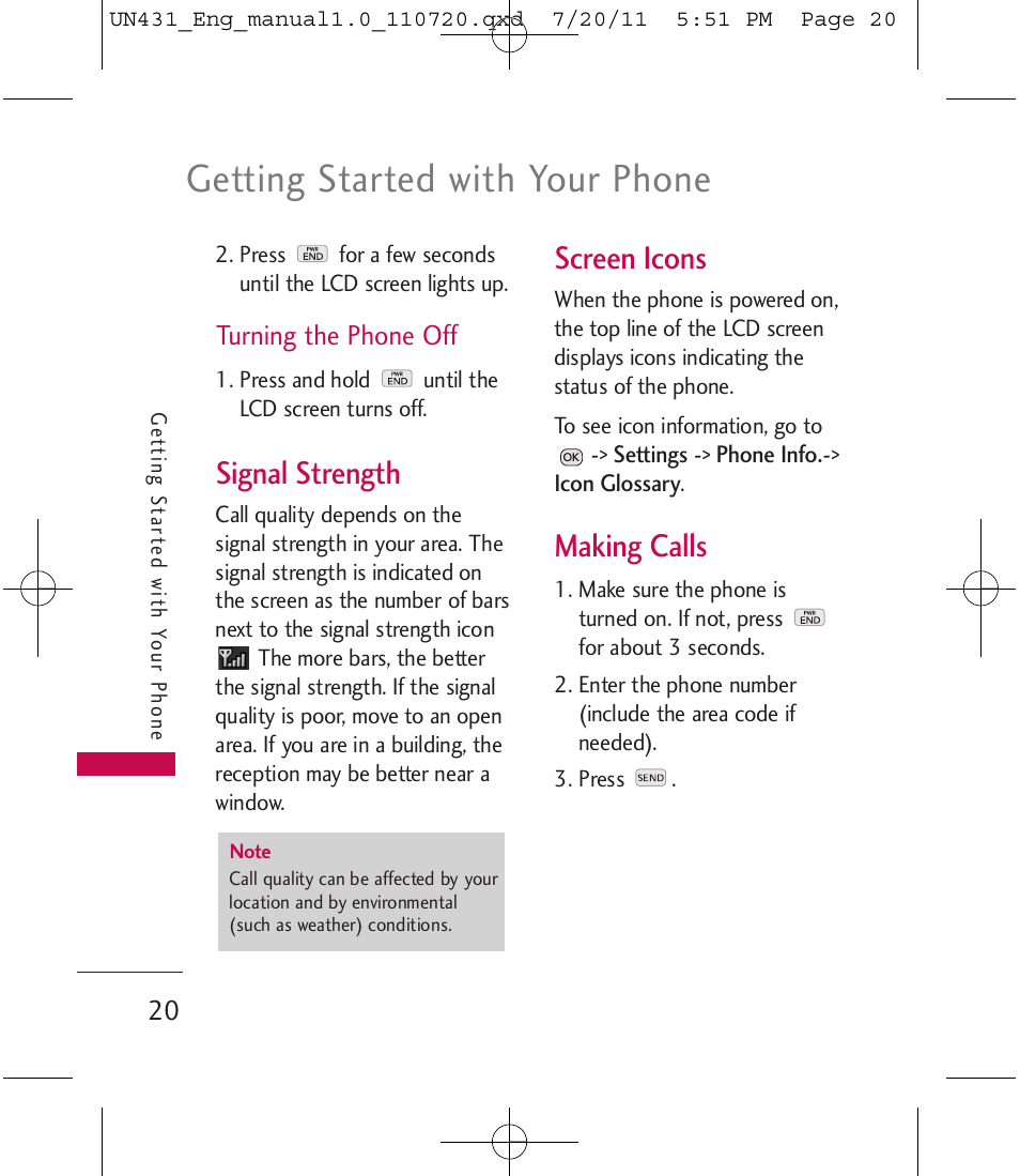 Getting started with your phone, Signal strength, Screen icons | Making calls | LG LGUN430 User Manual | Page 22 / 245