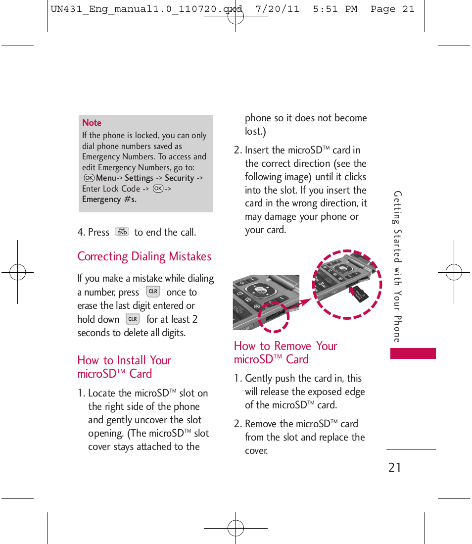 Correcting dialing mistakes, How to install your microsd, Card | How to remove your microsd | LG LGUN430 User Manual | Page 23 / 245