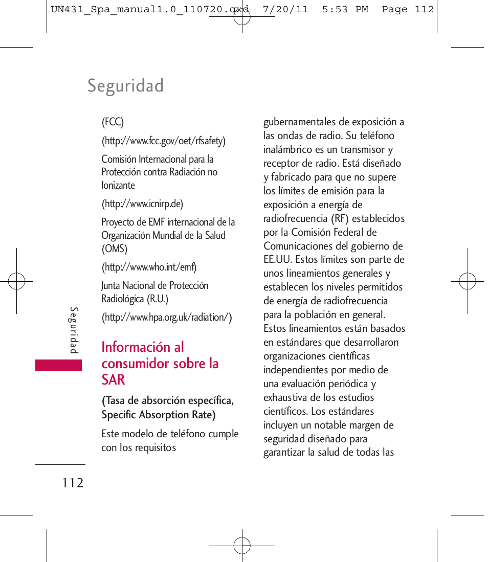 Seguridad, Información al consumidor sobre la sar | LG LGUN430 User Manual | Page 231 / 245