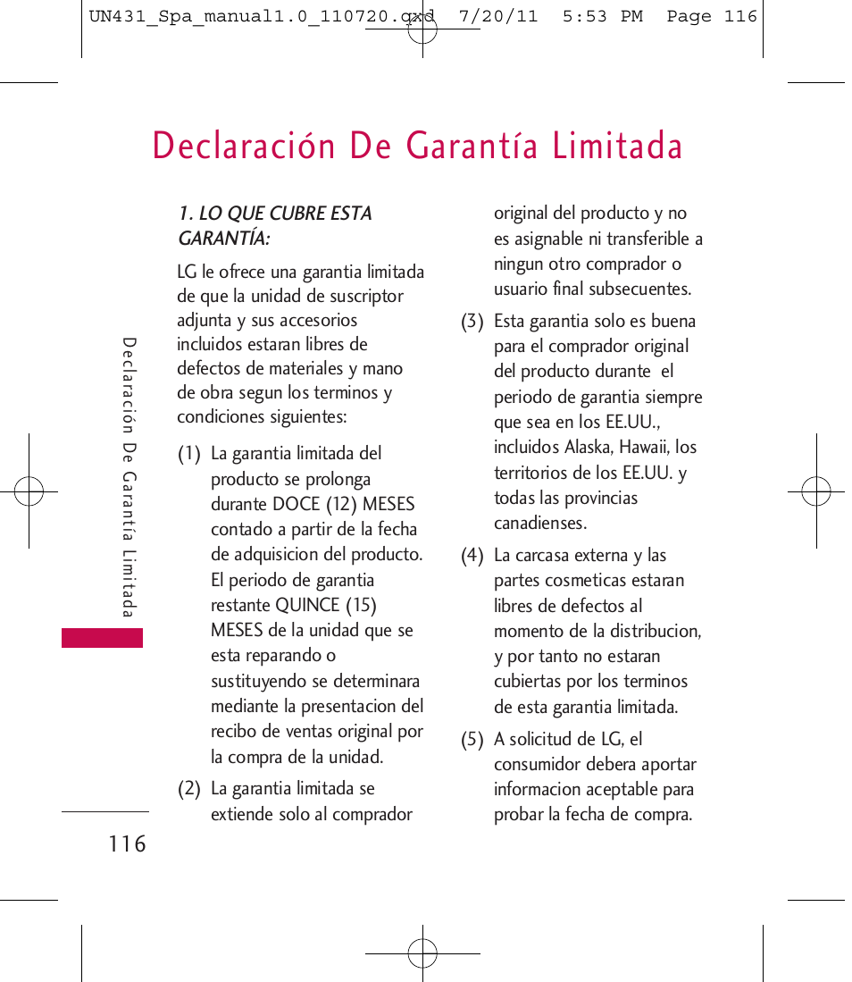 Declaración de garantía limitada | LG LGUN430 User Manual | Page 235 / 245