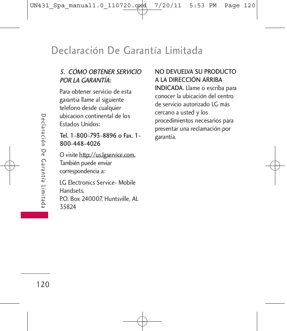 Declaración de garantía limitada | LG LGUN430 User Manual | Page 239 / 245