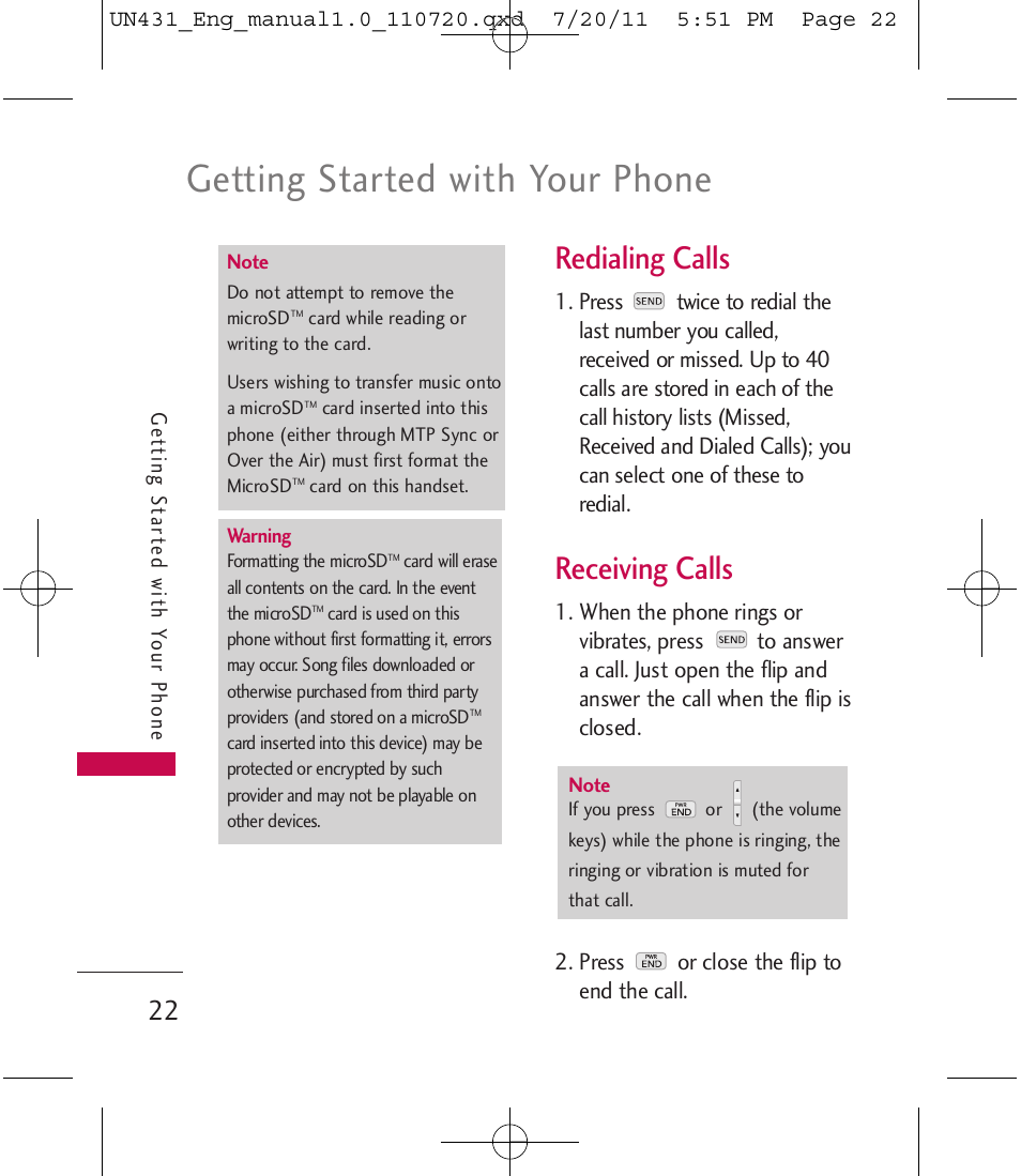 Getting started with your phone, Redialing calls, Receiving calls | LG LGUN430 User Manual | Page 24 / 245