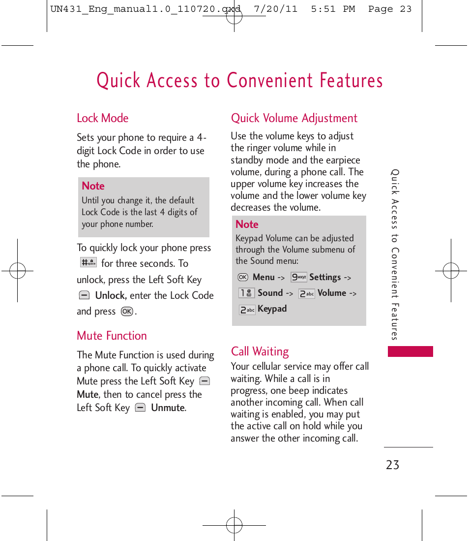 Quick access to convenient features, Lock mode, Mute function | Quick volume adjustment, Call waiting | LG LGUN430 User Manual | Page 25 / 245