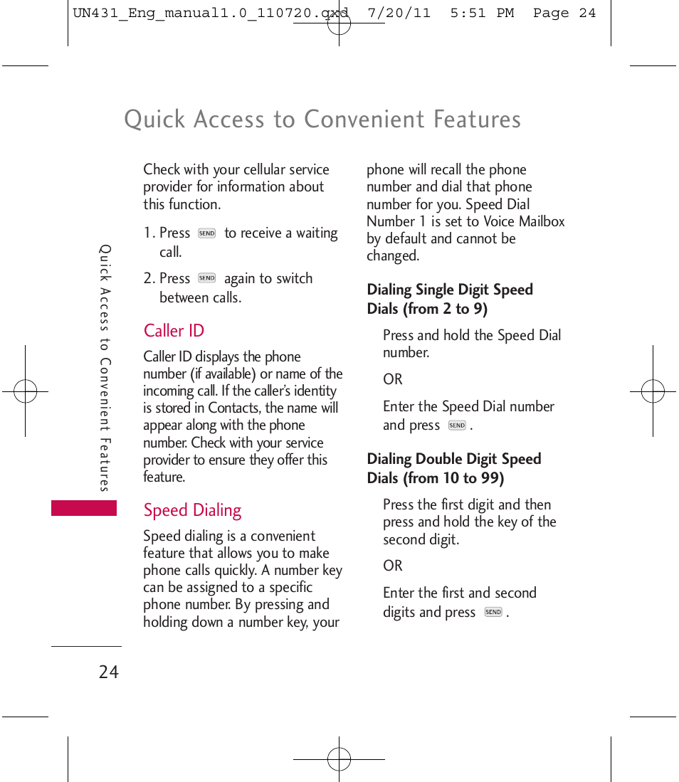 Quick access to convenient features, Caller id, Speed dialing | LG LGUN430 User Manual | Page 26 / 245