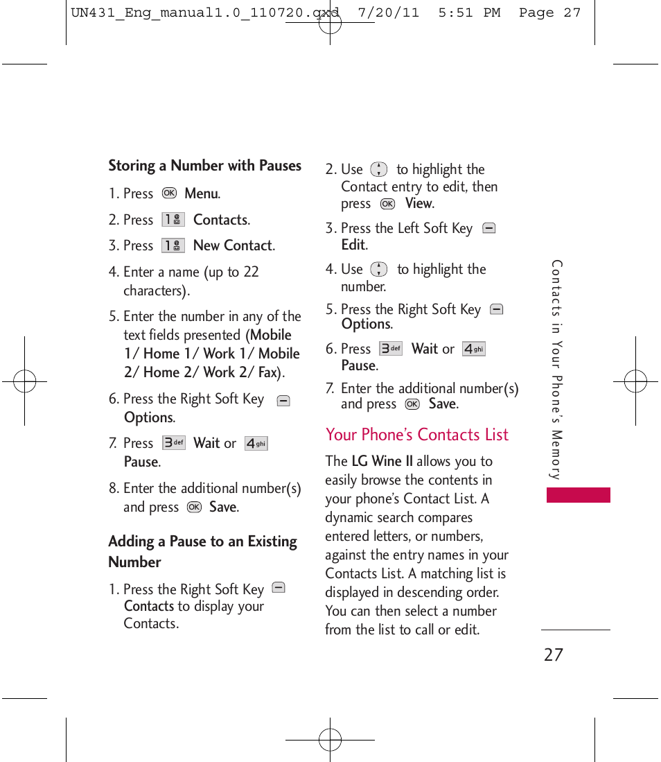 Your phone’s contacts list | LG LGUN430 User Manual | Page 29 / 245