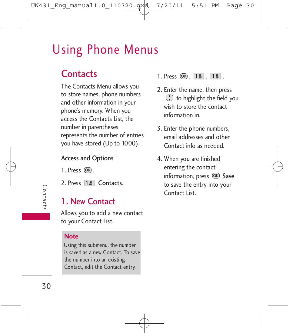 Using phone menus, Contacts, New contact | LG LGUN430 User Manual | Page 32 / 245