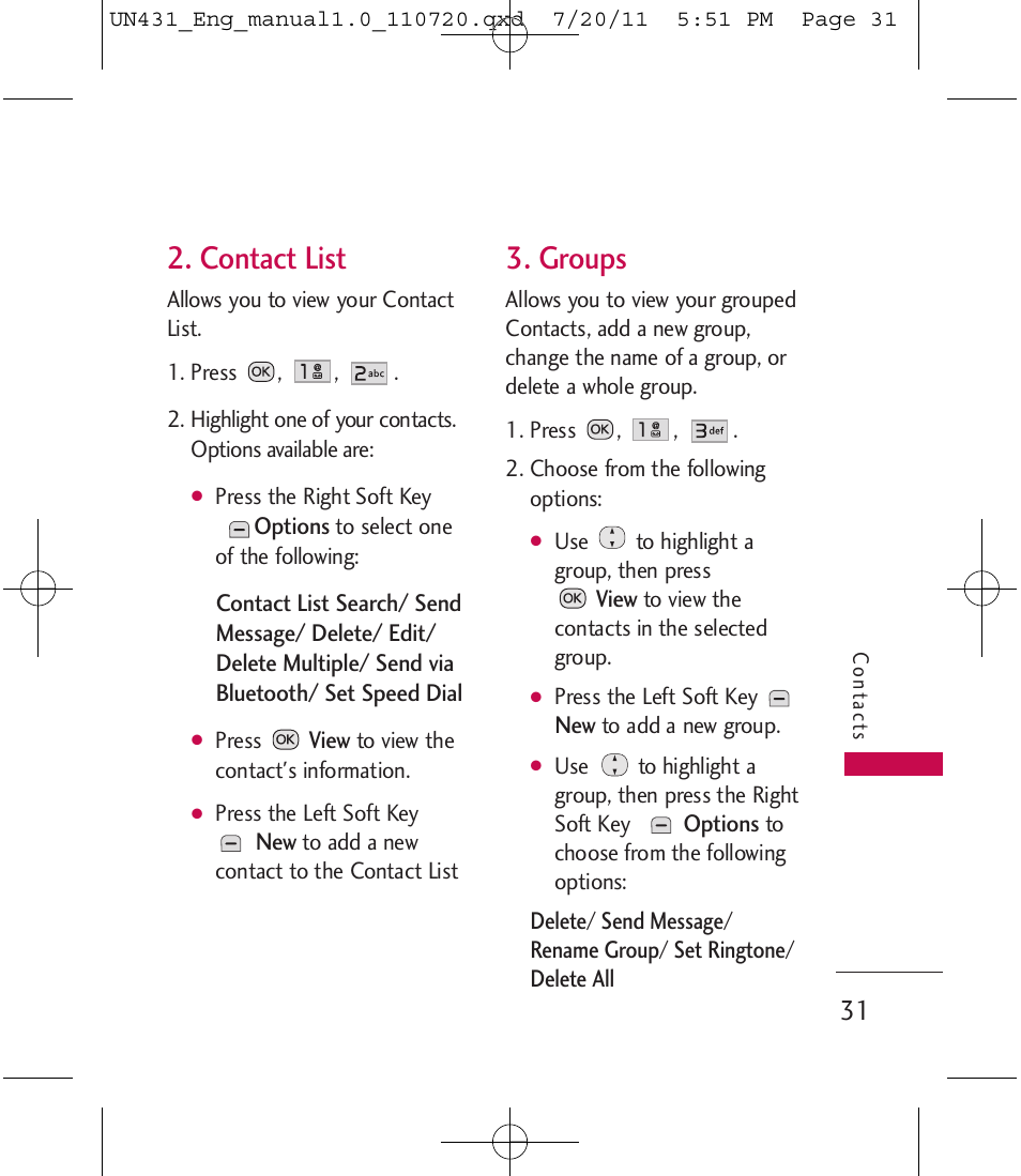 Contact list, Groups | LG LGUN430 User Manual | Page 33 / 245