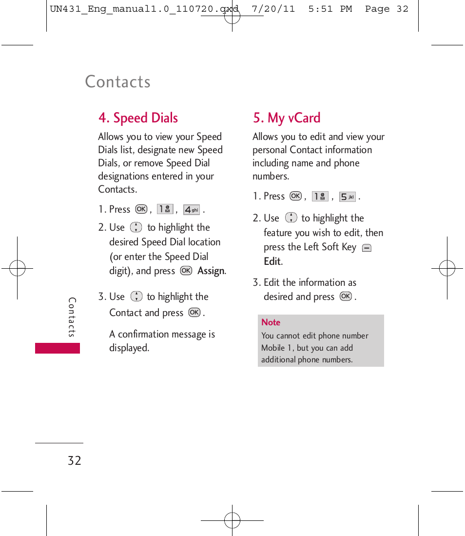 Contacts, Speed dials, My vcard | LG LGUN430 User Manual | Page 34 / 245