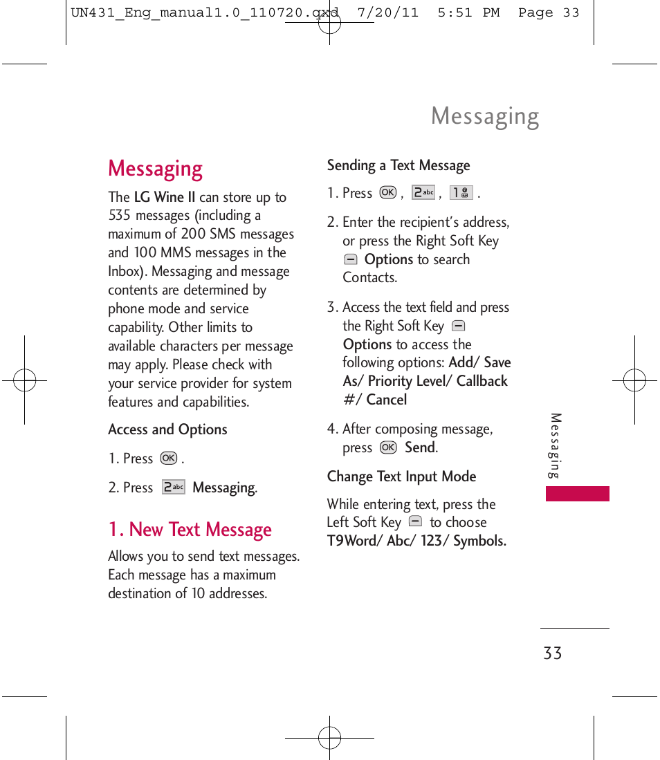 Messaging, New text message | LG LGUN430 User Manual | Page 35 / 245