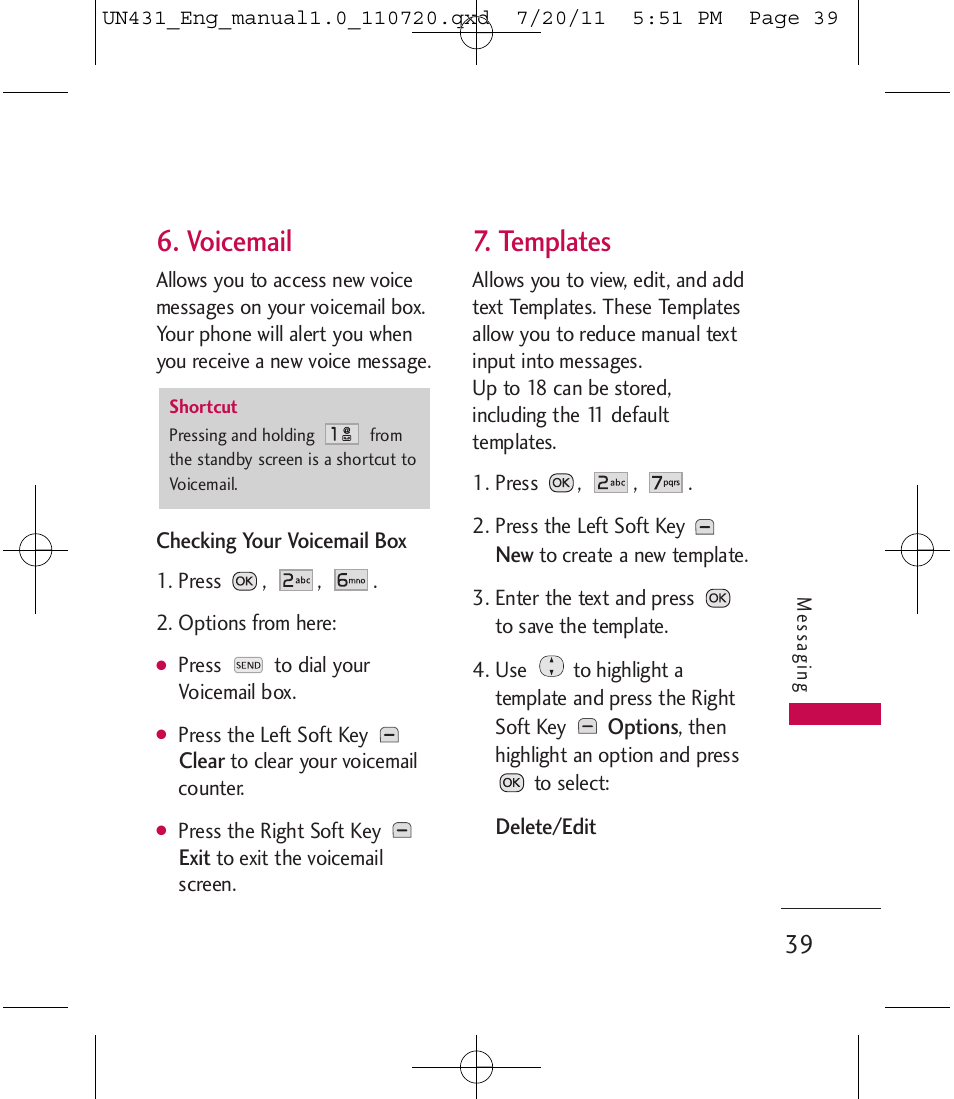 Voicemail, Templates | LG LGUN430 User Manual | Page 41 / 245