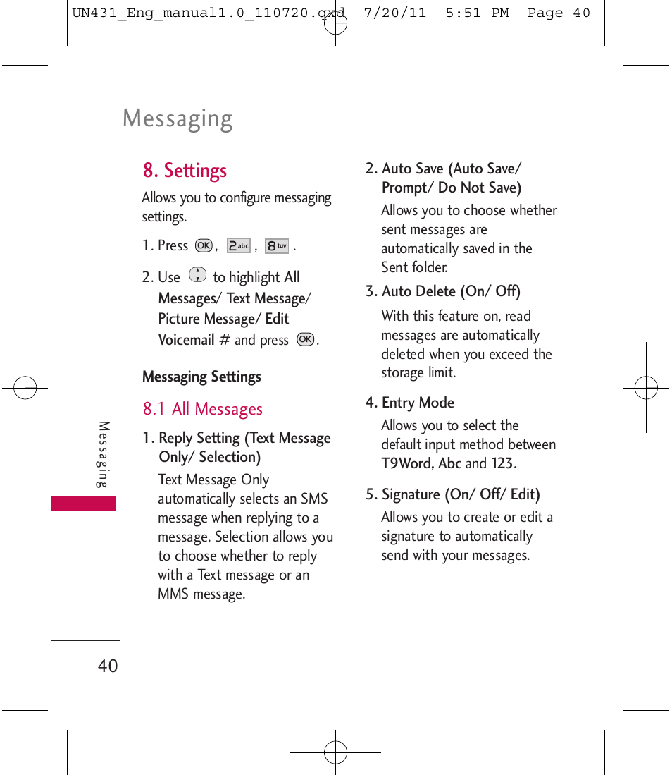 Messaging, Settings | LG LGUN430 User Manual | Page 42 / 245