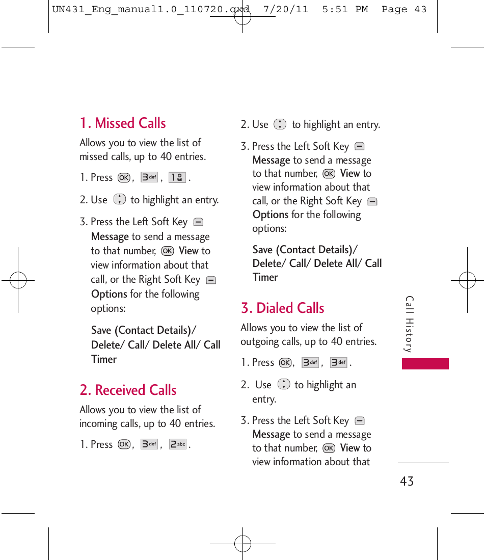 Missed calls, Received calls, Dialed calls | LG LGUN430 User Manual | Page 45 / 245