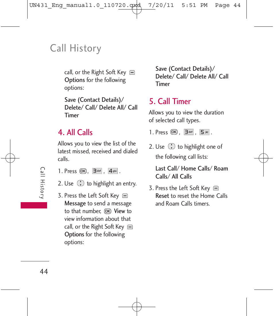 Call history, All calls, Call timer | LG LGUN430 User Manual | Page 46 / 245