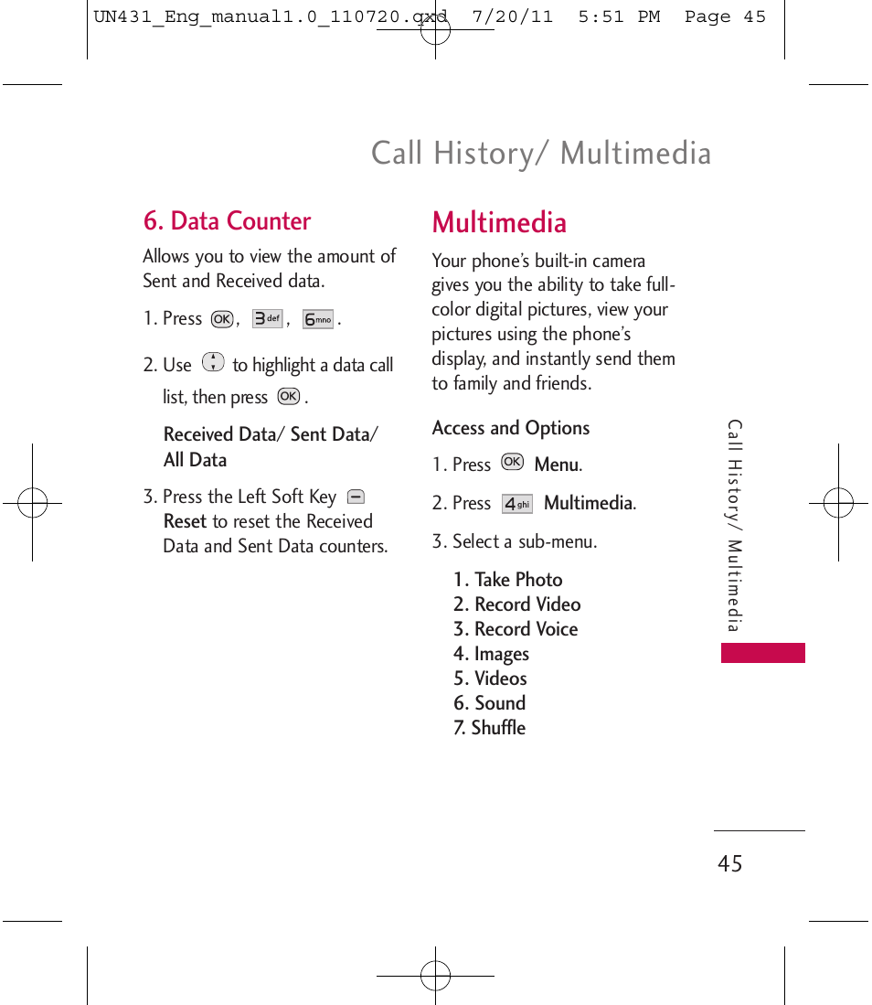 Call history/ multimedia, Multimedia, Data counter | LG LGUN430 User Manual | Page 47 / 245