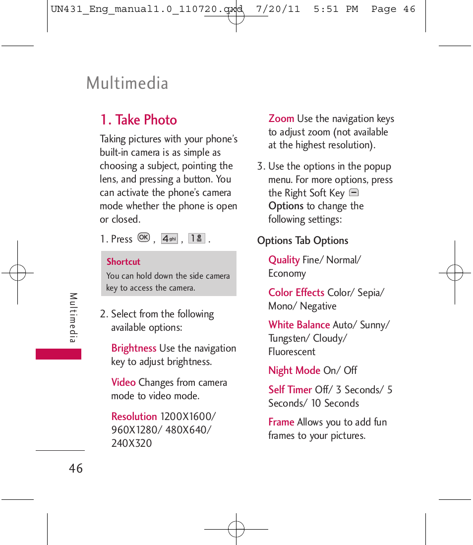 Multimedia, Take photo | LG LGUN430 User Manual | Page 48 / 245