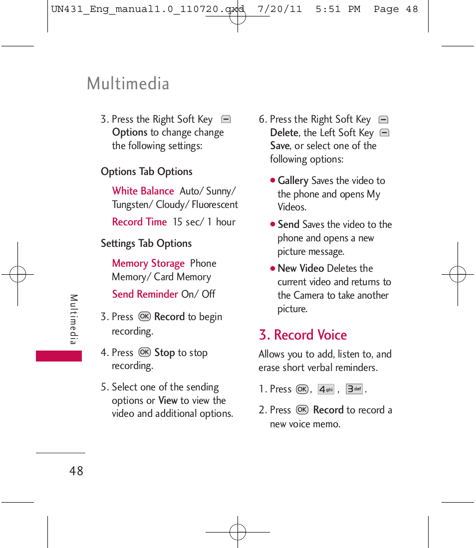 Multimedia, Record voice | LG LGUN430 User Manual | Page 50 / 245