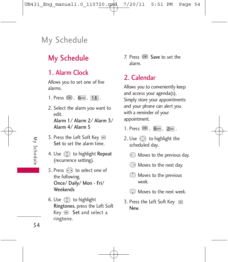 My schedule, Alarm clock, Calendar | LG LGUN430 User Manual | Page 56 / 245