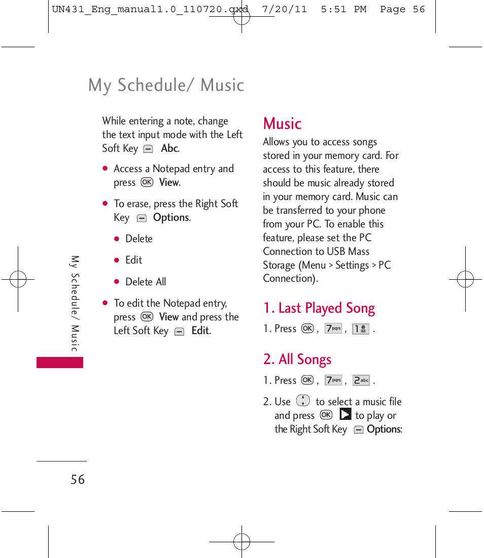 My schedule/ music, Music, Last played song | All songs | LG LGUN430 User Manual | Page 58 / 245