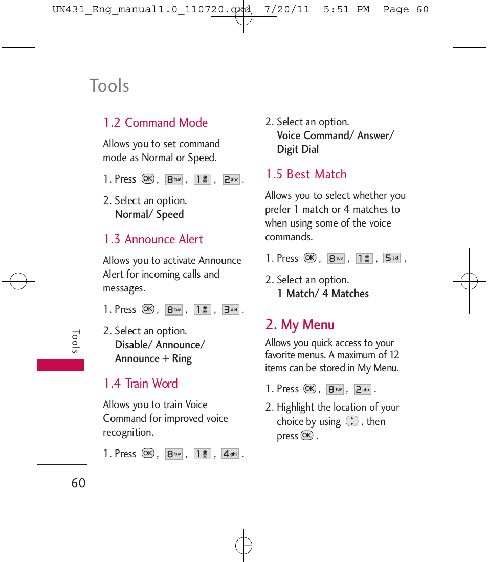 Tools, My menu | LG LGUN430 User Manual | Page 62 / 245