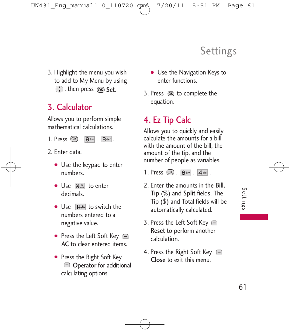 Settings, Calculator, Ez tip calc | LG LGUN430 User Manual | Page 63 / 245