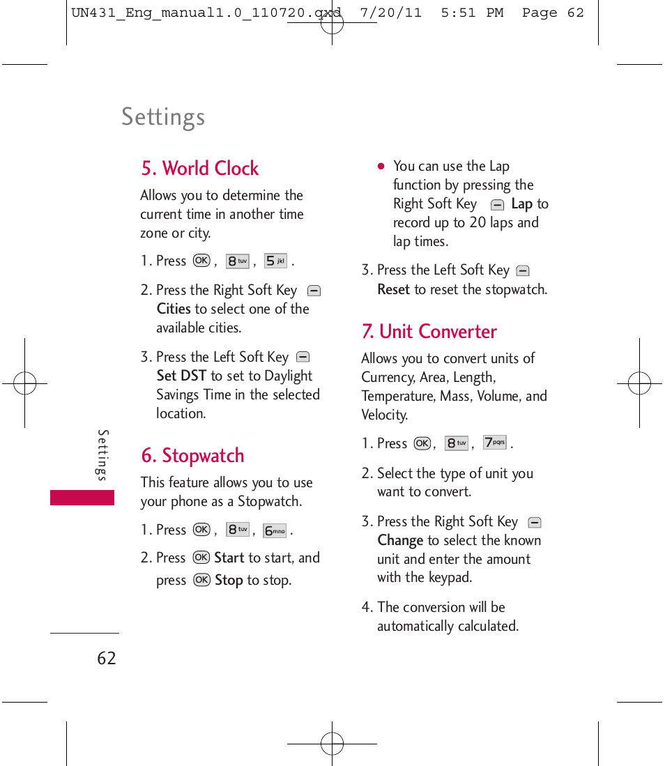 Settings, World clock, Stopwatch | Unit converter | LG LGUN430 User Manual | Page 64 / 245