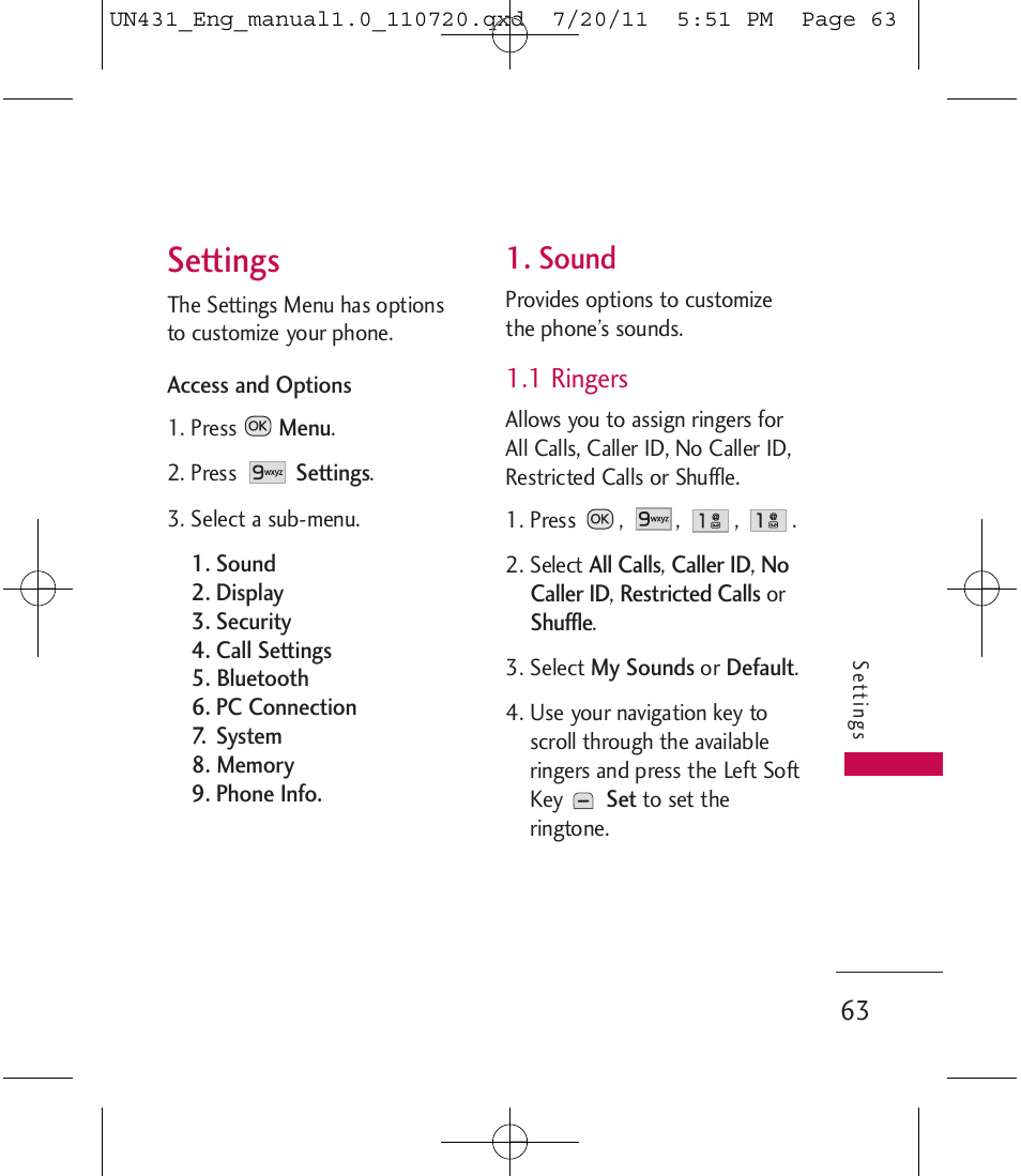 Settings, Sound | LG LGUN430 User Manual | Page 65 / 245