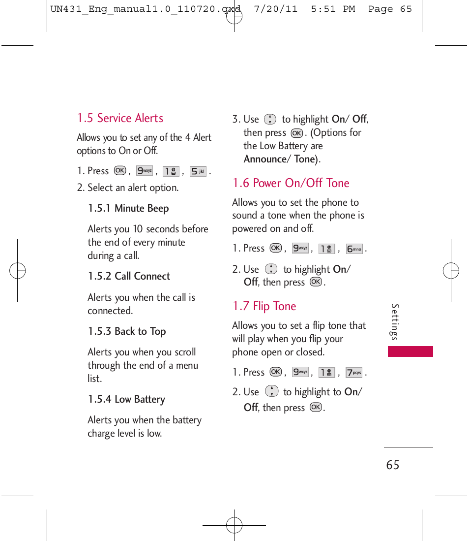 5 service alerts, 6 power on/off tone, 7 flip tone | LG LGUN430 User Manual | Page 67 / 245