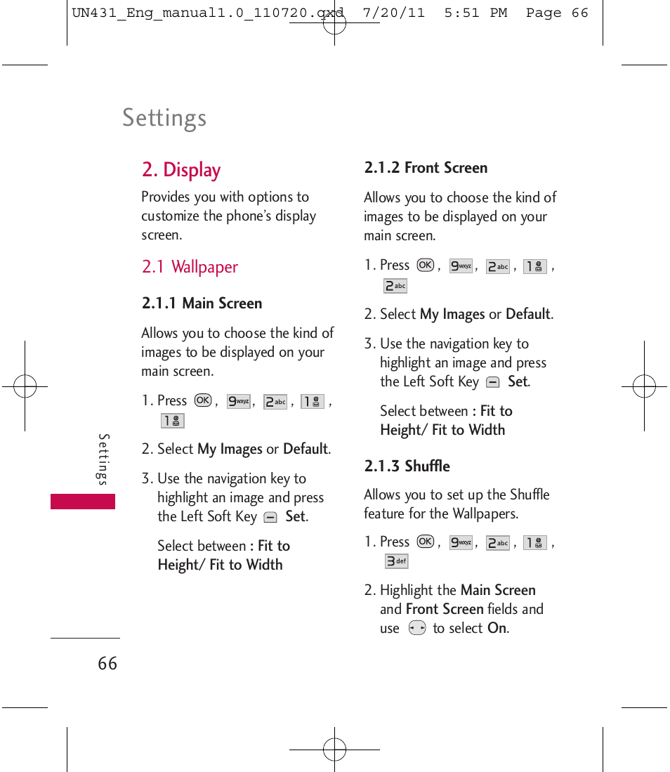 Settings, Display | LG LGUN430 User Manual | Page 68 / 245