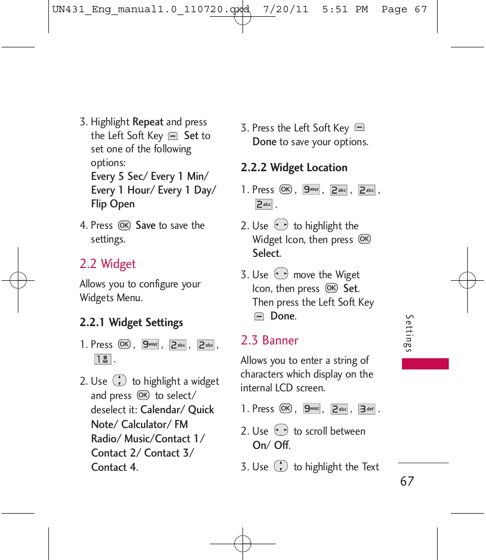 2 widget, 3 banner | LG LGUN430 User Manual | Page 69 / 245