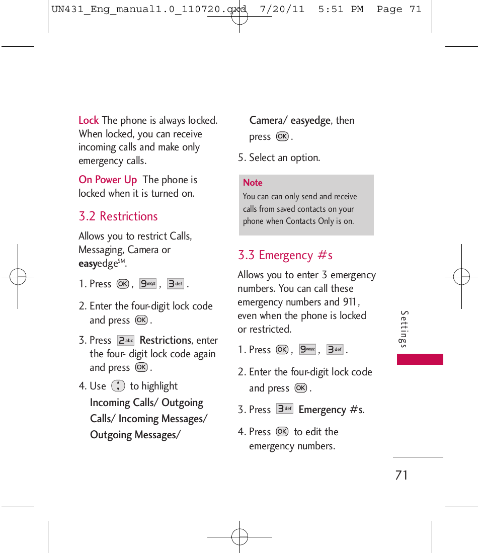 2 restrictions, 3 emergency #s | LG LGUN430 User Manual | Page 73 / 245