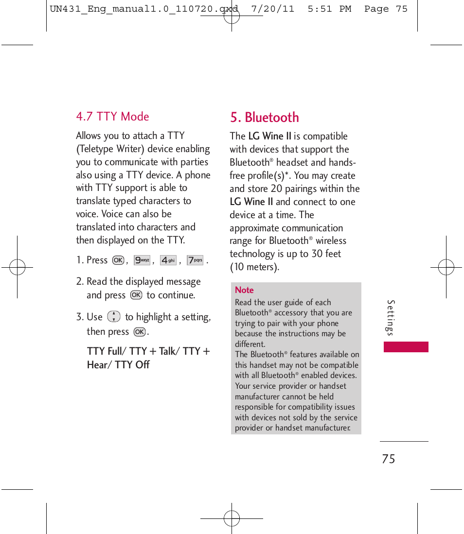 Bluetooth, 7 tty mode | LG LGUN430 User Manual | Page 77 / 245