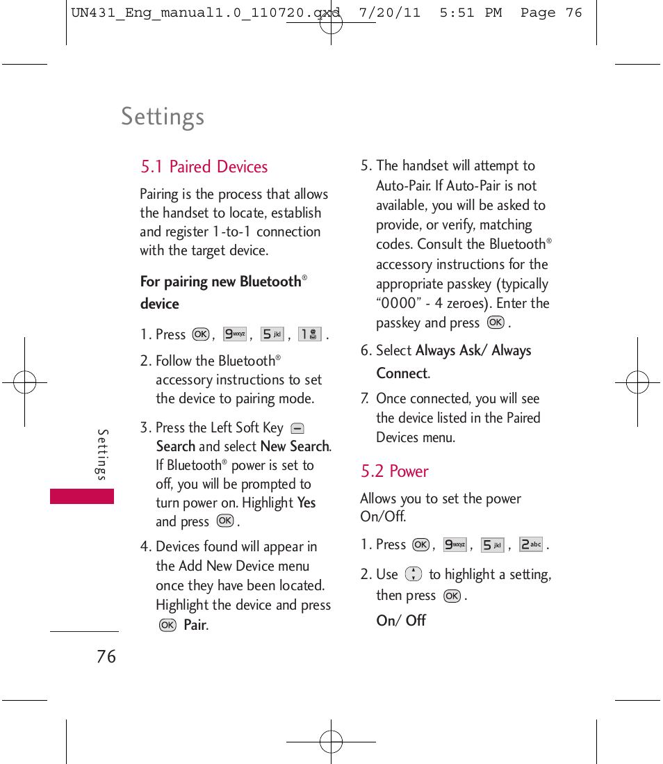 Settings, 1 paired devices, 2 power | LG LGUN430 User Manual | Page 78 / 245