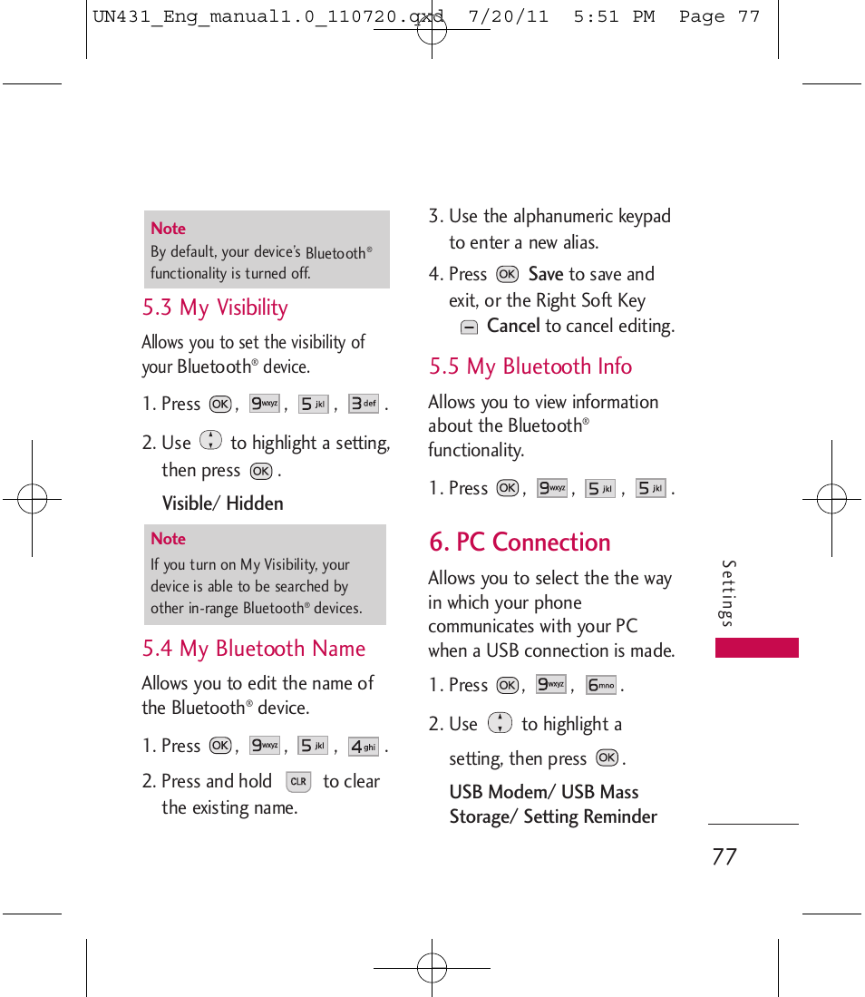 Pc connection, 3 my visibility, 4 my bluetooth name | 5 my bluetooth info | LG LGUN430 User Manual | Page 79 / 245