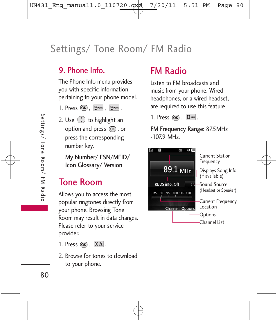 Settings/ tone room/ fm radio, Tone room, Fm radio | Phone info | LG LGUN430 User Manual | Page 82 / 245